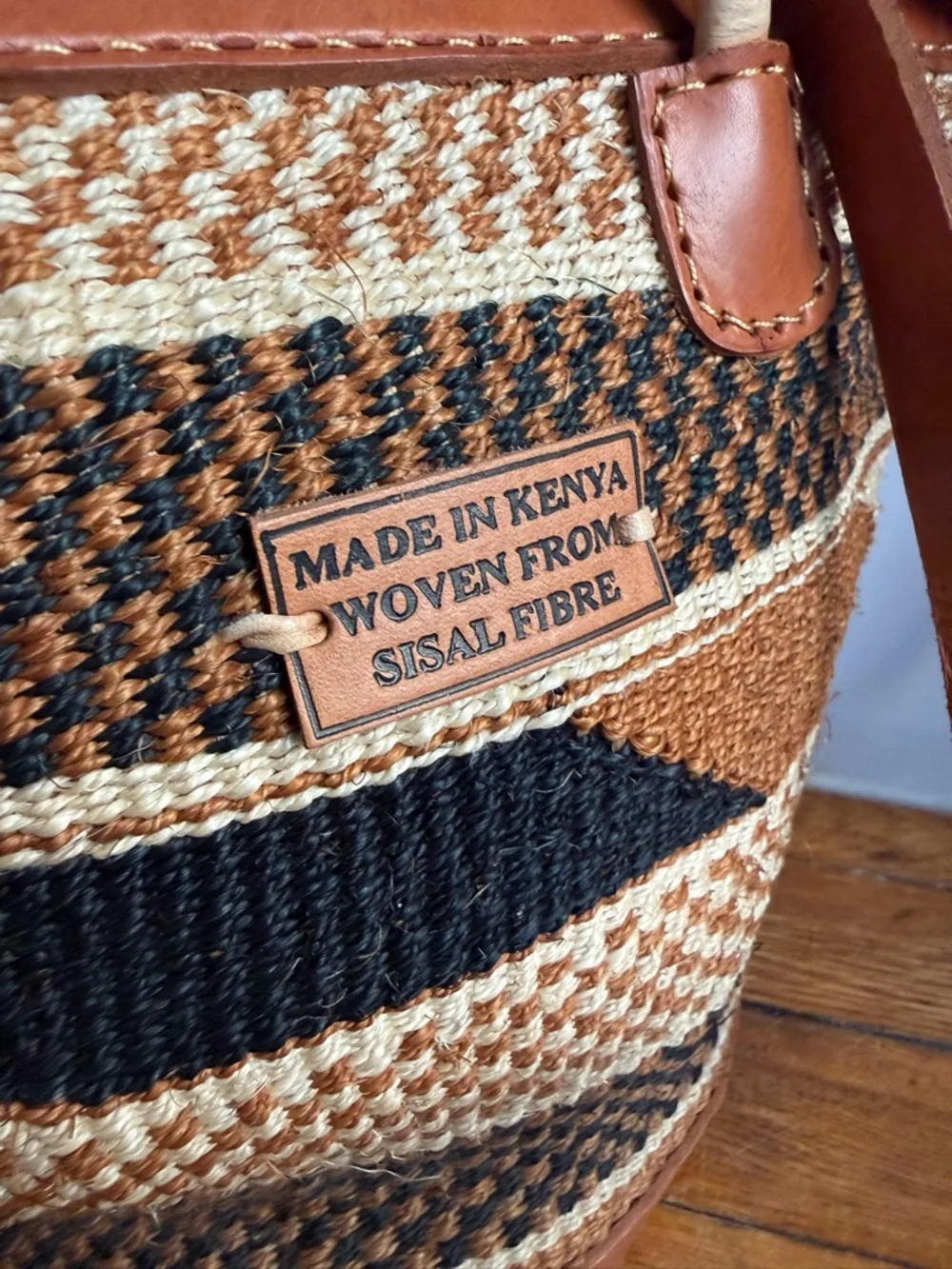 Handwoven Brown African Sisal Tote Bag Kenyan Basket Bag Leather Trim Large - Picture 9 of 11